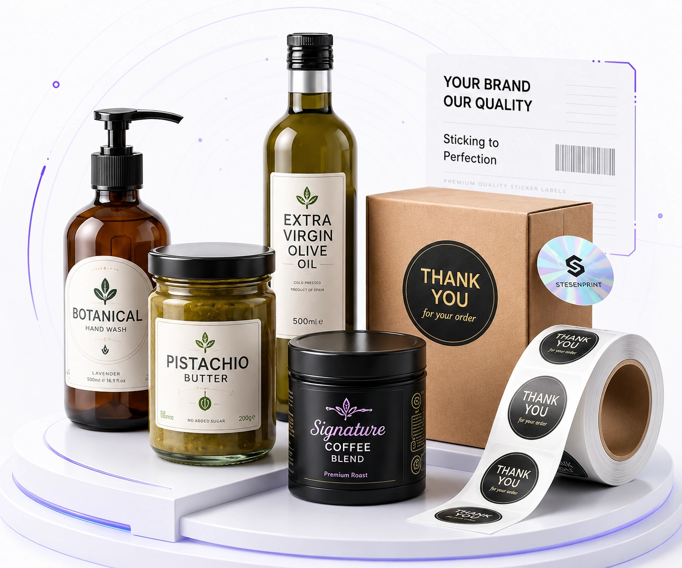 Premium labelled bottles, jars, packaging box and sticker roll